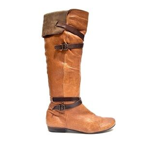 Vintage Y2K brown leather knee high buckle strap fold over zip up fashion boots